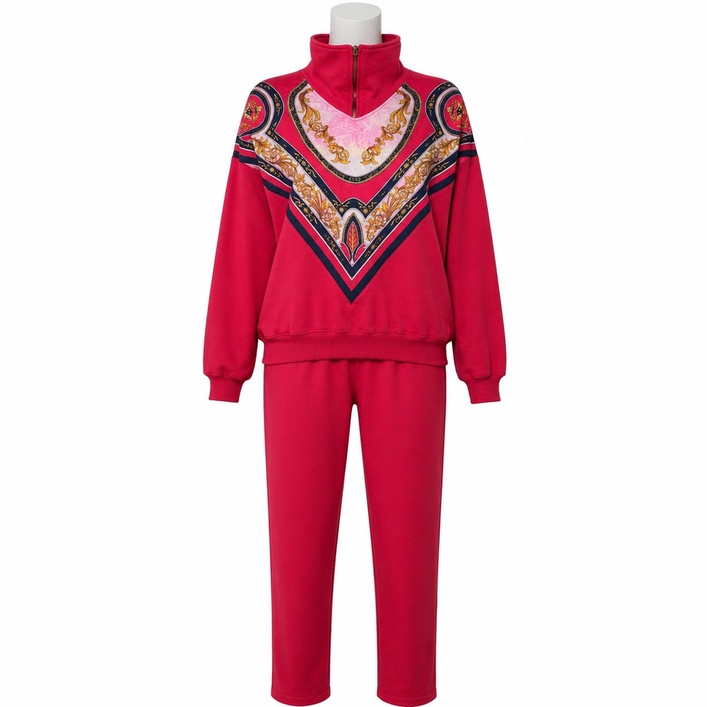 Vintage Bocoo 2 Pc Sweatsuit Baroque Scarf Print Pink Womens Medium 80s Retro